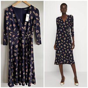 Lauren Ralph Lauren Navy Paisley Midi Dress Size 6 NWT Faux Wrap Stretch Knit